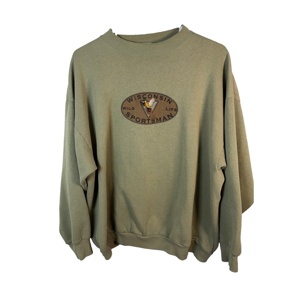 Vintage 90s Wisconsin Wildlife Sportsman Sweatshirt XL Khaki Pheasant Hunting